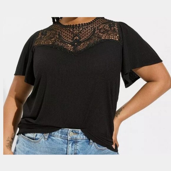 Lace Neck Flutter Sleeve Top by Torrid, black, size 3 - Picture 5 of 7